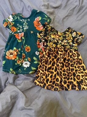 Girls Floral & Leopard Print Dress Set - Green and Yellow